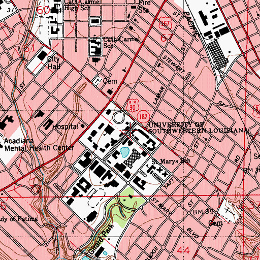 Topographic Map of University of Louisiana Lafayette Randolph Hall, LA