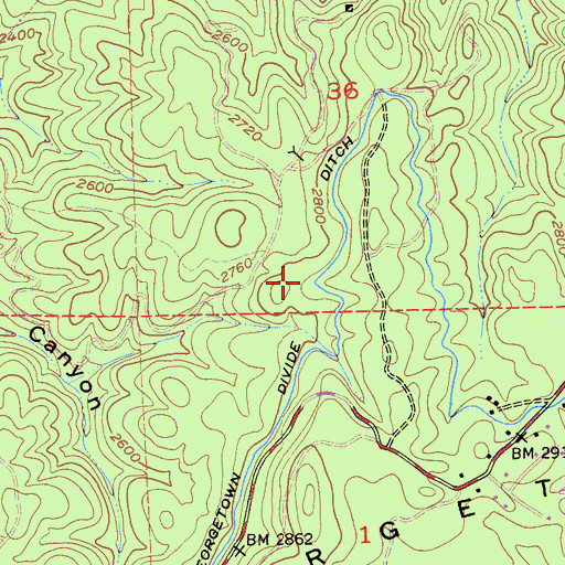 Topographic Map of Georgetown Divide Ditch, CA