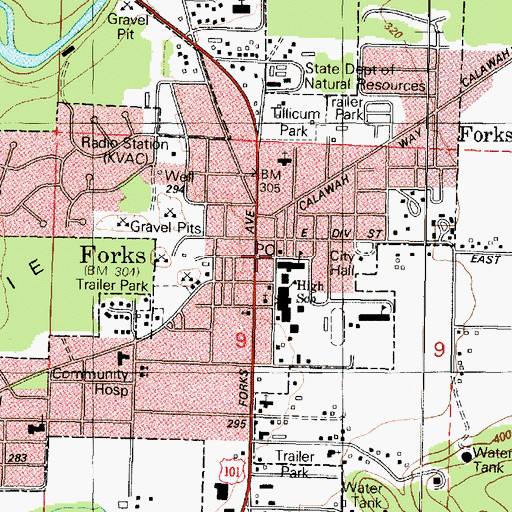 Topographic Map of Forks Post Office, WA