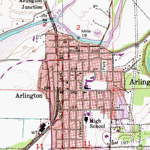Topographic Map of First Baptist Church of Arlington, WA