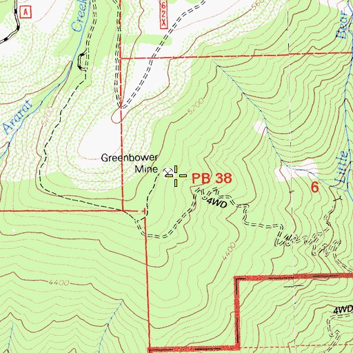 Topographic Map of Greenbower Mine, CA