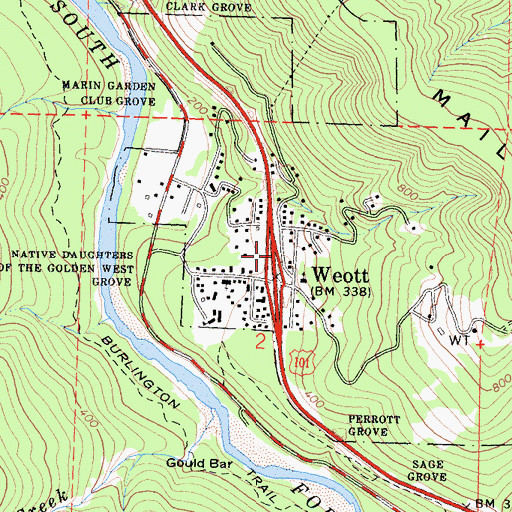 Topographic Map of Weott Census Designated Place, CA