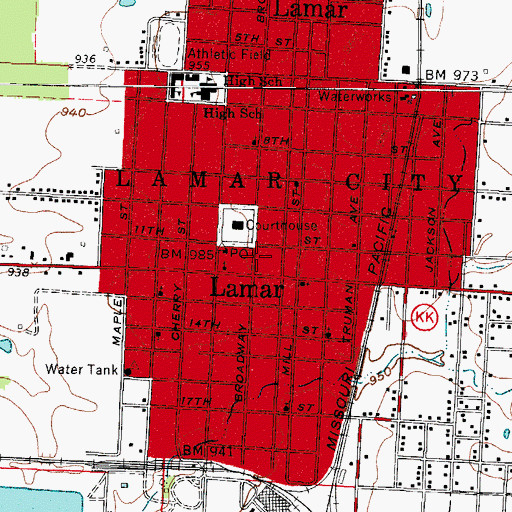 Topographic Map of Lamar Fire Department, MO