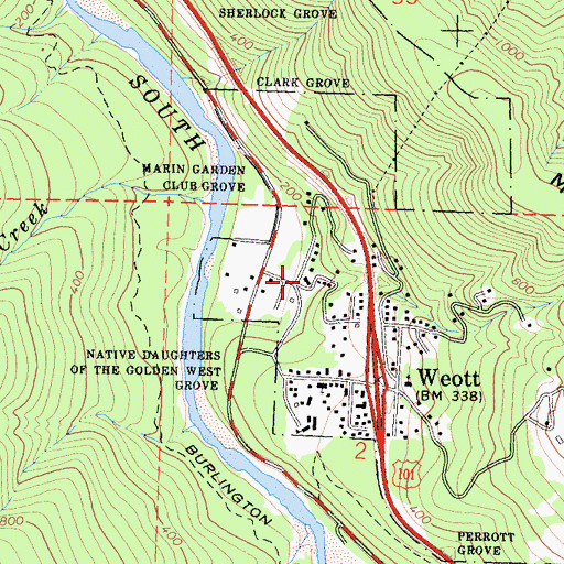 Topographic Map of Weott Volunteer Fire Department, CA