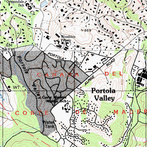 Topographic Map of Woodside Fire Protection District Station 8, CA