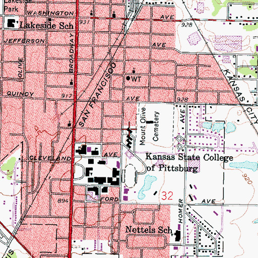 Topographic Map of Pittsburg State University Shirk Hall, KS