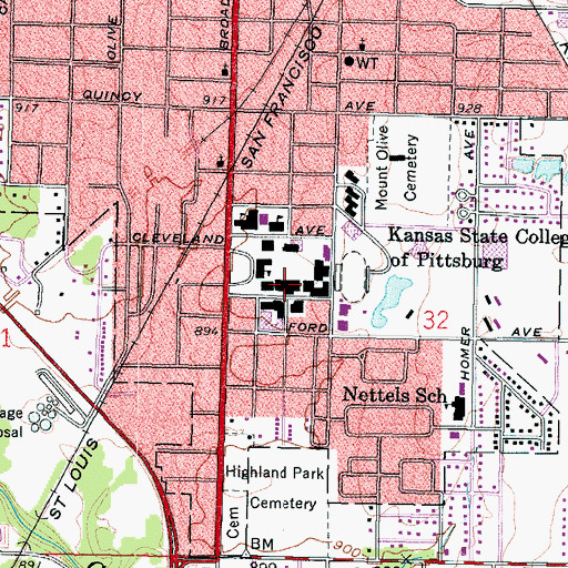 Topographic Map of Pittsburg State University Whitesitt Hall, KS