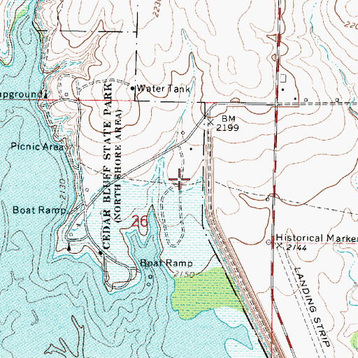 Topographic Map of Cedar Bluff State Park Broken Spur Campground, KS