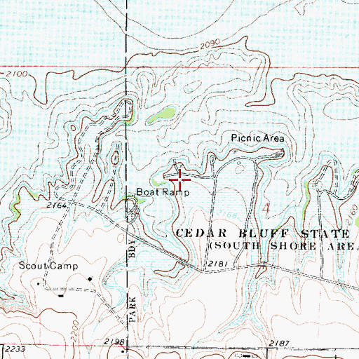 Topographic Map of Cedar Bluff State Park Prickly Pear Campground, KS