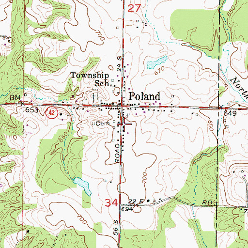 Topographic Map of Poland Community Volunteer Fire Department, IN