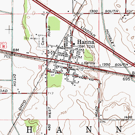Topographic Map of Hanna Township Volunteer Fire Department, IN