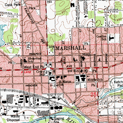 Topographic Map of Pioneer School Historical Marker, MI