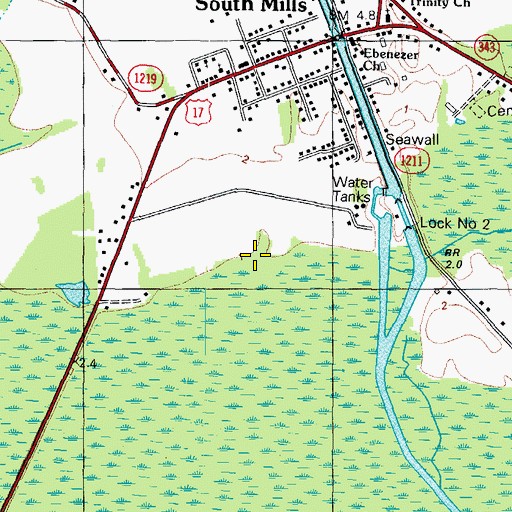 Topographic Map of South Mills Census Designated Place, NC