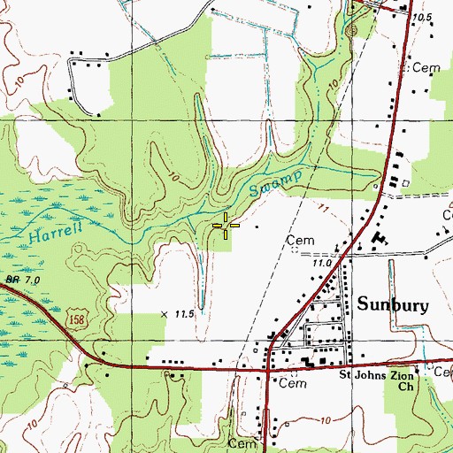 Topographic Map of Sunbury Census Designated Place, NC
