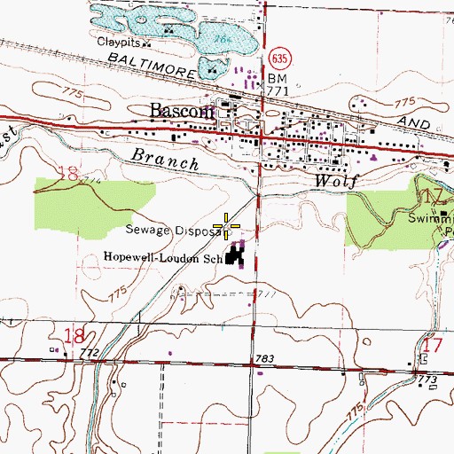 Topographic Map of Bascom Census Designated Place, OH