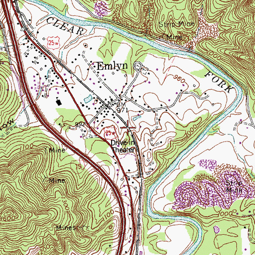 Topographic Map of Emlyn Census Designated Place, KY