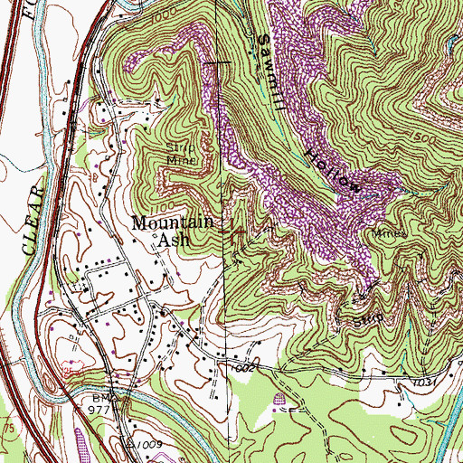 Topographic Map of Mountain Ash Census Designated Place, KY