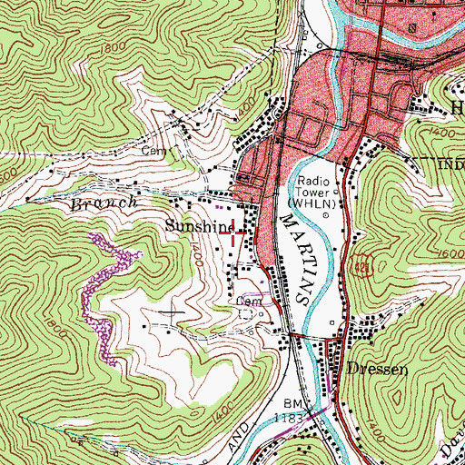 Topographic Map of Sunshine Census Designated Place, KY