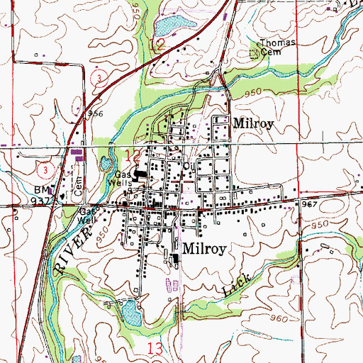 Topographic Map of Milroy Census Designated Place, IN