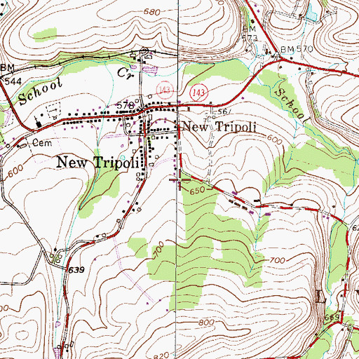 Topographic Map of New Tripoli Census Designated Place, PA