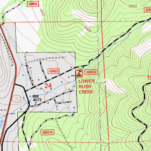Topographic Map of Lower Rush Creek Campground, CA