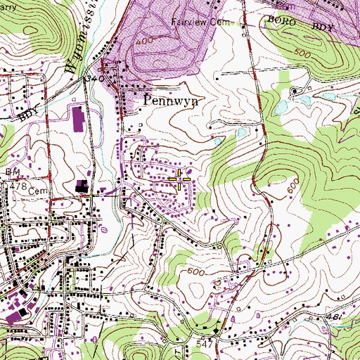 Topographic Map of Pennwyn Census Designated Place, PA