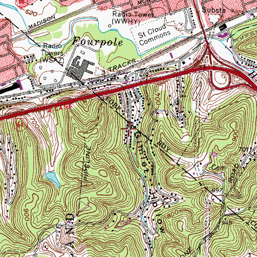 Topographic Map of Harveytown Overpass, WV