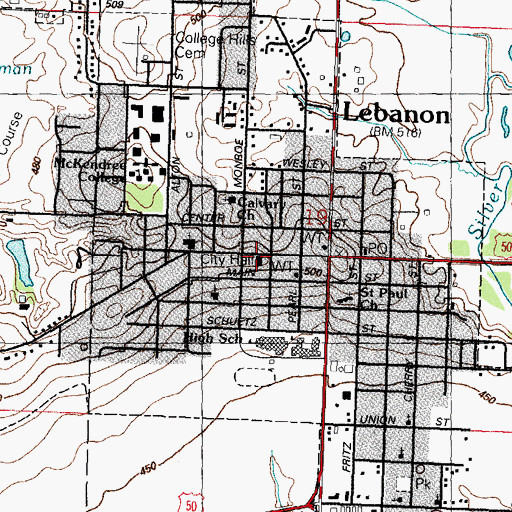 Topographic Map of Lebanon - Emerald Mound Volunteer Fire Department, IL