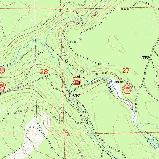 Topographic Map of Old Cow Creek Campground, CA