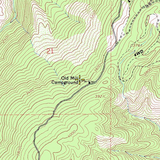 Topographic Map of Old Mill Campground, CA