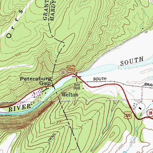 Topographic Map of Petersburg Gap Bridge, WV