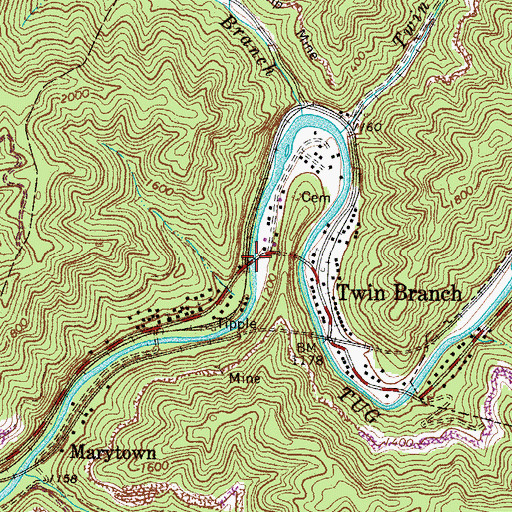 Topographic Map of Twin Branch Pony Truss Number 1 Bridge, WV