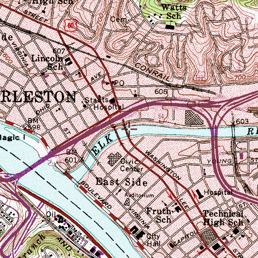 Topographic Map of Washington Street Bridge, WV