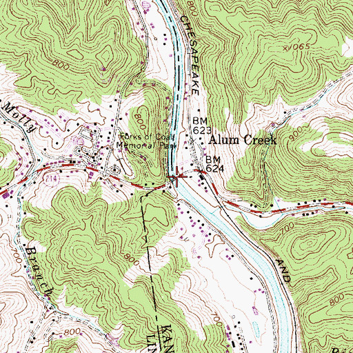 Topographic Map of Alum Creek Bridge, WV