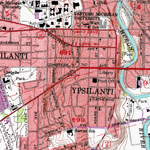 Topographic Map of Ypsilanti Fire Department, MI