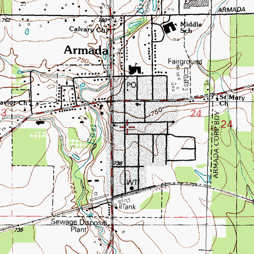 Topographic Map of Armada Free Public Library, MI