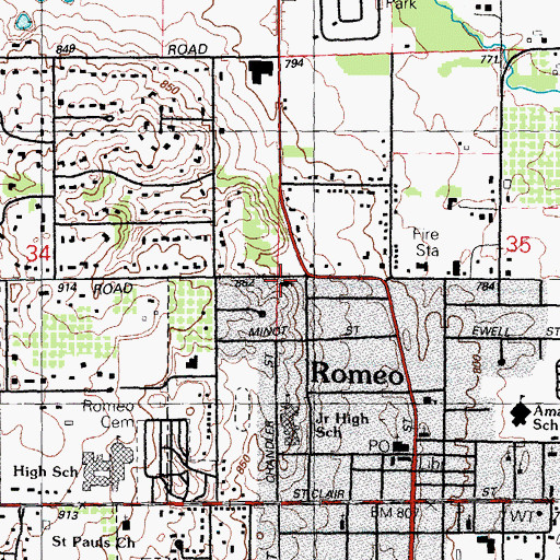 Topographic Map of Romeo Church of Christ, MI