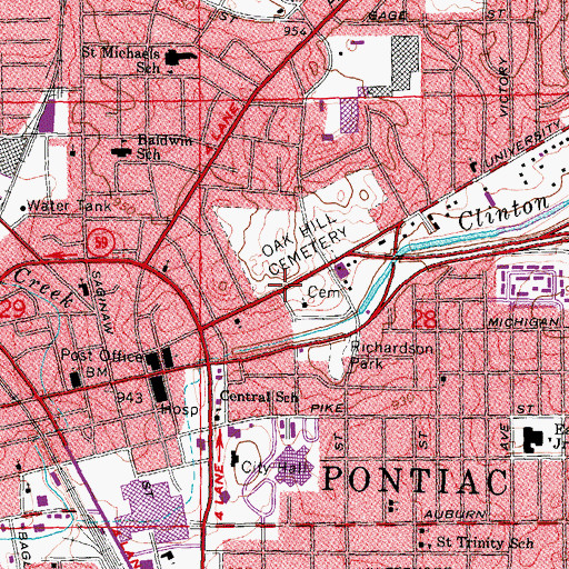 Topographic Map of Oak Hill Cemetery Historical Marker, MI