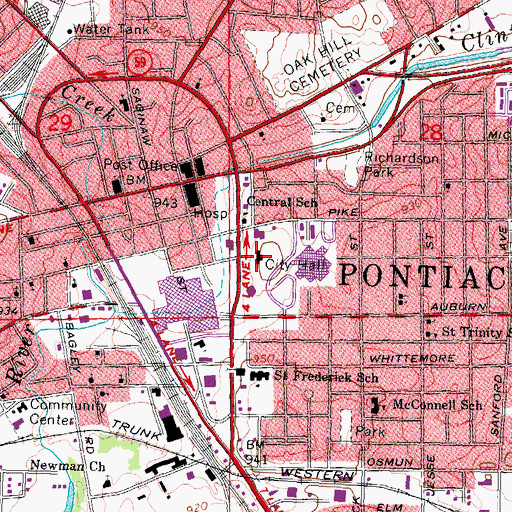 Topographic Map of Pontiac City Hall, MI