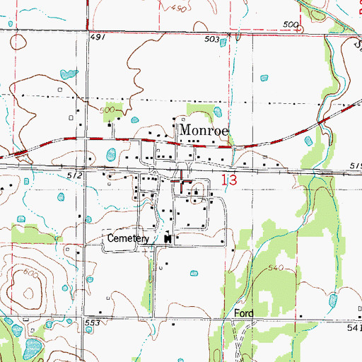Topographic Map of Monroe Volunteer Fire Department, OK