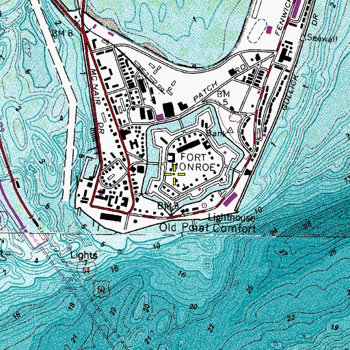 Topographic Map of Fort Monroe Fire Department, VA