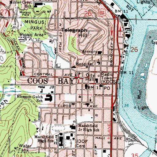 Topographic Map of Coos Bay City Hall, OR
