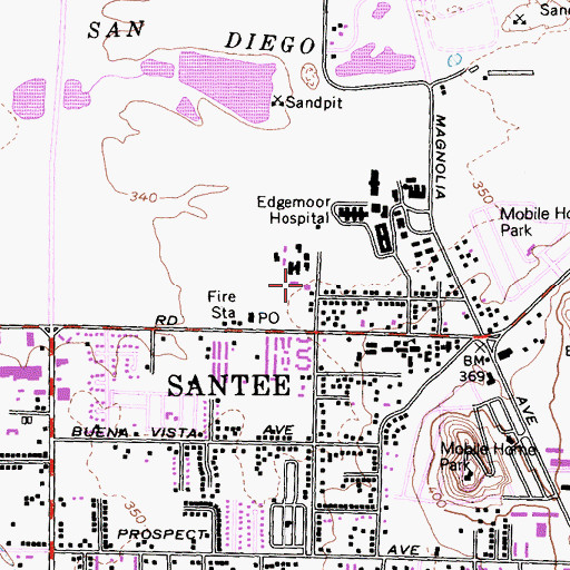 Topographic Map of Santee Fire Department Station 4, CA