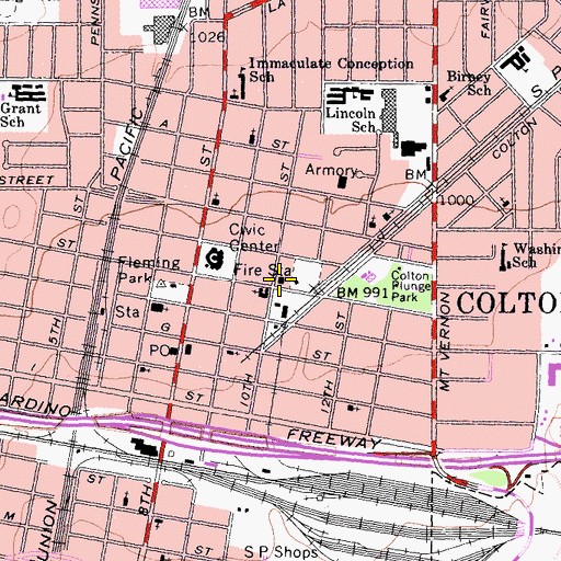 Topographic Map of Colton Fire Department Station 1, CA