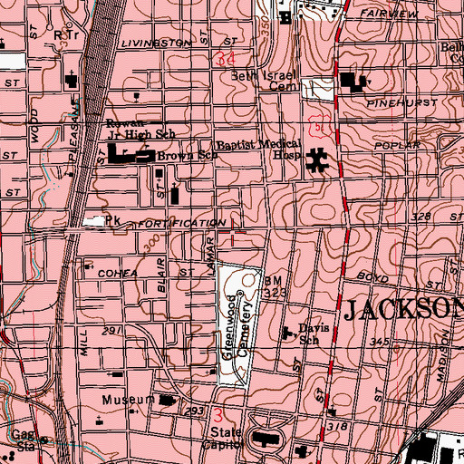 Topographic Map of Jackson Fire Department District 1 Station 3, MS