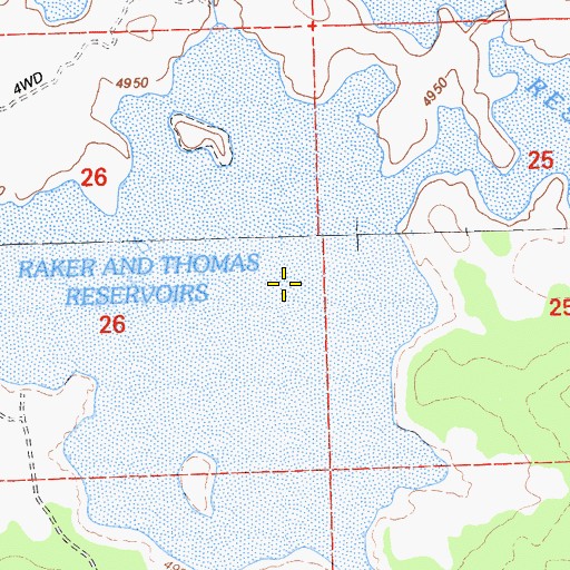 Topographic Map of Raker and Thomas Reservoirs, CA