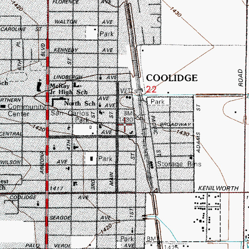 Topographic Map of Coolidge Fire Department Station 1, AZ