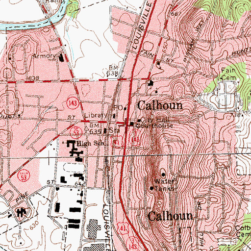 Topographic Map of Calhoun Downtown Historic District, GA