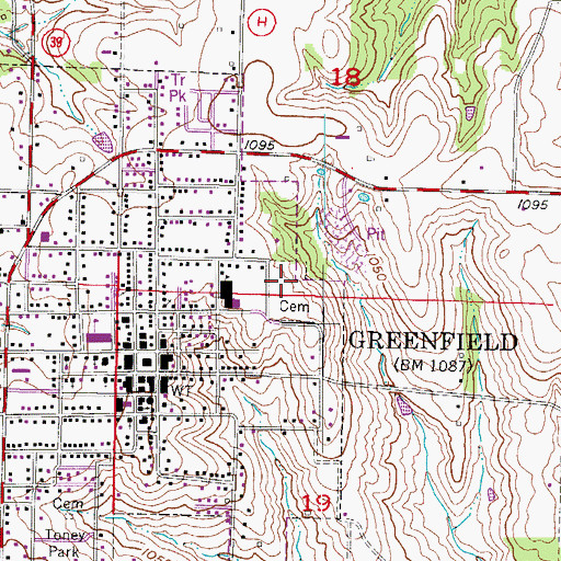 Topographic Map of Greenfield Cemetery, MO