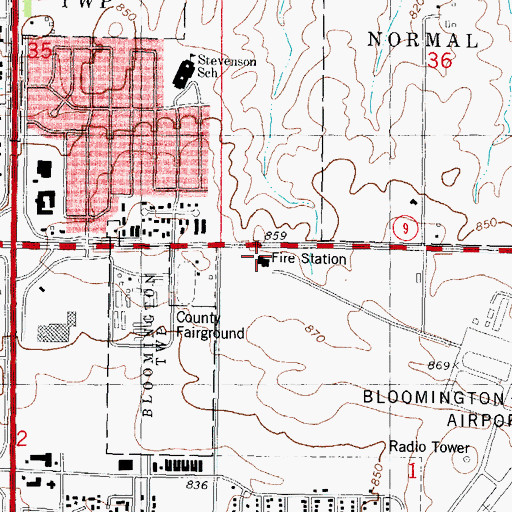 Topographic Map of Bloomington Fire Department Station 3, IL